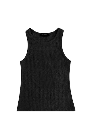Cottonhıll Premium - Tide Collection Siyah Bisiklet Yaka Bürümcük Dokulu Kolsuz Kadın Crop Bluz