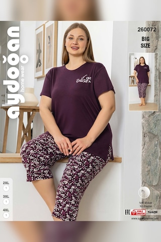 Aydoğan Kadın İnci Büyük Beden Mürdüm Kapri Pijama Takım 0072 Mürdüm