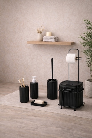 Decorev Büyük Banyo Standlı 6'lı WC Seti 5 Litre Çöp Kovası Siyah