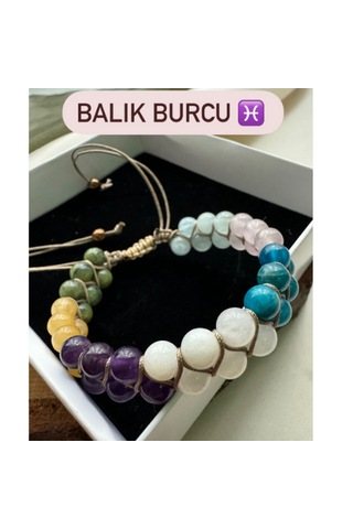 Sertifikalı Balık Burcu Çift Sıra Makrome Doğal Taş Bileklik Çok Renkli