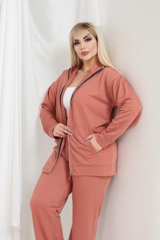 Kadın Büyük Beden Fermuarlı Uzun Kollu Rahat Günlük Eşofman Takım Somon