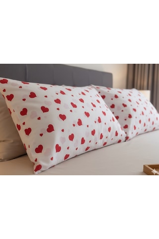 Taç Sevgililer Günü Yastık Kılıfı Seti. 2 Adet 50x70 Cm. %100 Pamuk Beyaz - Kırmızı