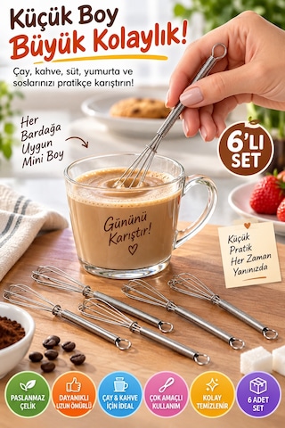 6'lı Mini Çırpıcı Seti 13 Cm Paslanmaz Çelik Çay Kahve Yumurta Sos Karıştırıcı Yaylı Mutfak Çırpıcı Gümüş