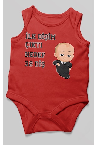 Morivokids İlk Dişim Çıktı Hedef 32 Diş Sıfır Kollu Bebek Body Kırmızı