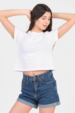 As Collection Beyaz Bisiklet Yaka Kısa Kol Örme Kadın Crop Beyaz