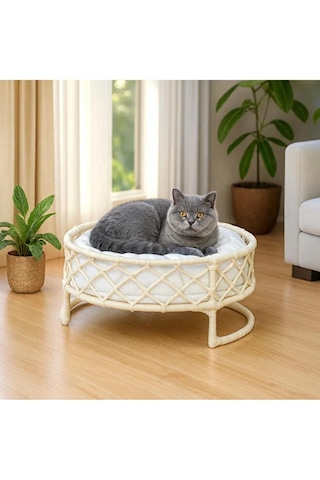 Reyo Tasaryum Kedi Ve Köpek İskandinav El Örgüsü Kedi Yatağı, Yuvarlak Kedi Yuvası Krem Çap 49 Cm