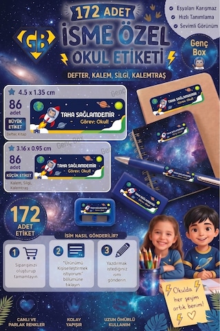 Uzay Temalı Öğrenci Özel İsimli Etiket- Okul Kalem Ve Defter Etiketi Sticker Seti Karışık