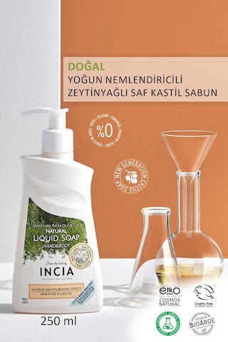 INCIA %100 Doğal Sıvı Kastil Sabunu Yoğun Nemlendirici Zeytinyağlı 10 Bitkisel Değerli Yağ Vegan 250 ML