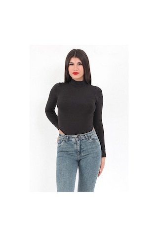Giysa Kadın Siyah Balıkçı Yaka Uzun Kollu Esnek Çıtçıtlı Zıbın Body - 2441 Siyah