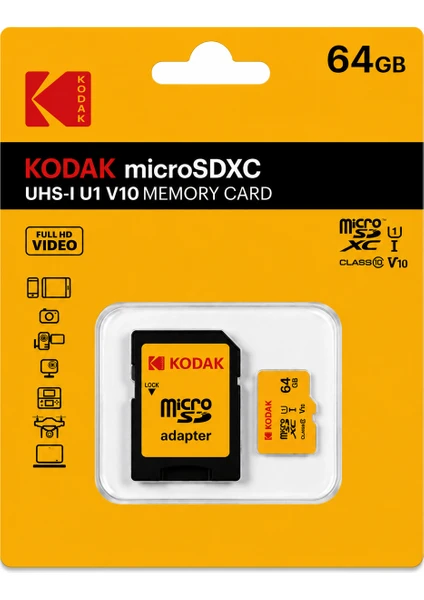 Kodak 64gb Micro Sd Uhs-ı C10 U1 V10 Kart + Adaptör Sarı