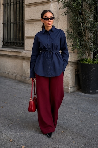 Madmext Lacivert Belden Bağlamalı Oversize Cepli Gömlek Mg2798