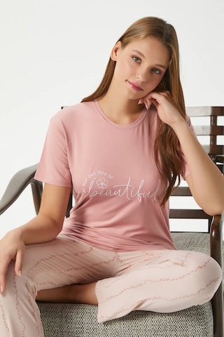 Ritnice Kadın Beautiful Yumuşak Doku Pudra Bisiklet Yaka Kısa Kollu Alt Üst Pijama Takımı Pudra