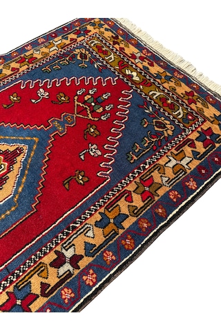 El Dokuma Sıfır Yahyalı Halısı 81x140 Kırmızı Mavi Kök Boya Yün Halı Kırmızı
