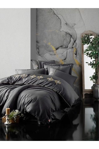 Cotton Box Brode Saten Çift Kişilik Nevresim Takımı King Antrasit