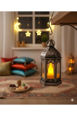 9 Cm Ramazan Ledli Eskitme Gümüş Fener - Pil Dahil Dekoratif Ramazan Feneri Diğer