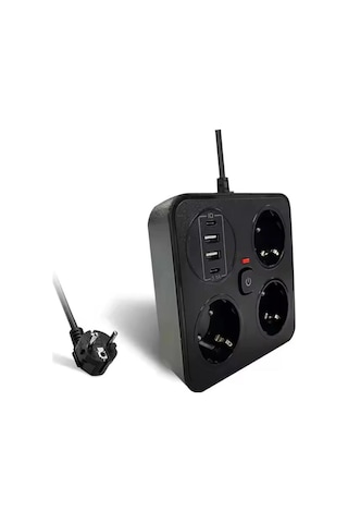 Akım Korumalı Anahtarlı Priz - 3x Priz - 2x Usb - 2x Type-c - 2 Mt Kablo Hızlı Şarj Özellikli Siyah 10