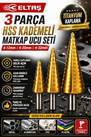 3 Parça Hss Titanyum Kaplamalı Kademeli Matkap Ucu Seti 4-12 / 4-20 / 4-32 Mm