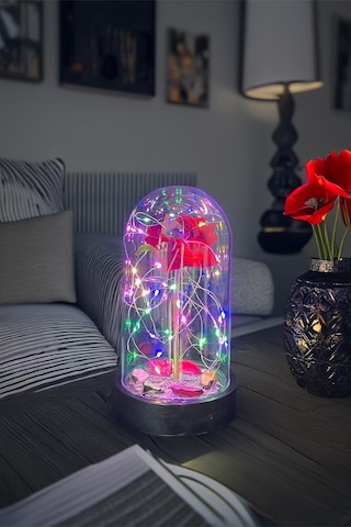 Anneler Gününe Özel Kırmızı Gül Rgb Fanus Lamba Usb'li Yapay Çiçek Dekoratif Aydınlatma Hediyelik