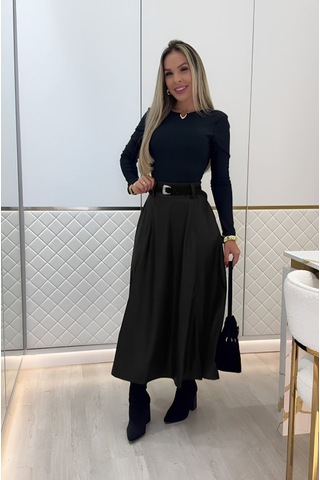 Kadın Yüksek Belli Maxi Deri Kemersiz Etek Siyah