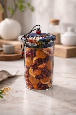 Makri Home 650 Ml Borosilikat Cam Hava Geçirmez Lacivert Kumaş Kaplama Bambu Kapaklı Kavanoz,çap: 8 Cm,h: 18 Cm Lacivert