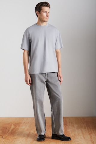 Grimelange Jett  Erkek Oversize Fit %100 Organik Pamuk Kalın Dokulu Bisiklet Yakalı Gri T-shirt Gri