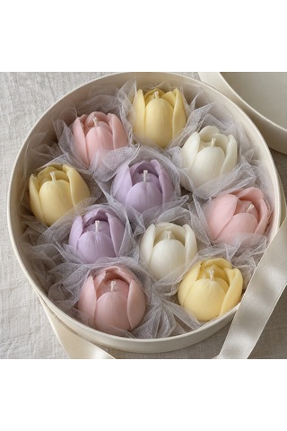 Pastel Lale Mum Buketi Silindir Kutulu Çok Renkli