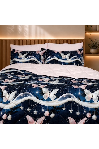 Starlight Butterfly Luxe Çift Kişilik Kelebek Desenli Premium Uyku Seti Çeyiz Seti Lastikli Çarşaflı %100 Pamuk Mavi