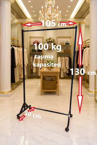 Premium 130 Cm Çelik Konfeksiyon 105 Cm En Elbise Askılık Tekerlekli Demonte Portmanto Hanger Siyah