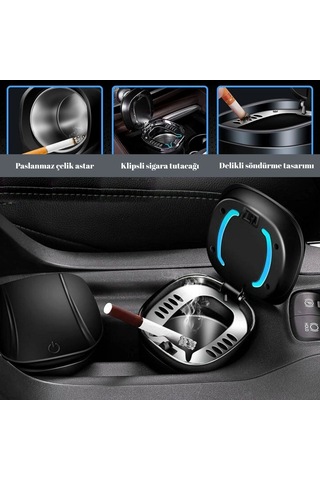 Araç İçi Küllük Işıklı Kapaklı Yanmaz Koku Geçirmez Multi Fonksiyon Üniversal Gümüş Renk Glz03504052