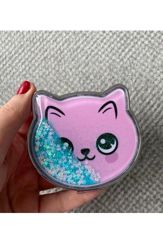 Kedi Tasarımlı Simli Sulu Kozmetik Cep Çanta Aynası Kapaklı El Makyaj Aynası Aparatı