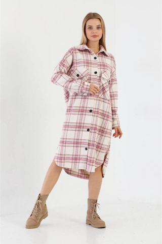 Polologin Butik Kışlık Oduncu Kumaş Uzun Gömlek Elbise Pembe