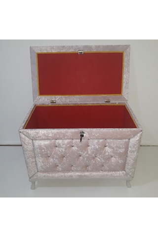 Çeyiz SANDIK Kapitone BÜYÜK Tekli Model PEMBE Kadife Kumaş İçi Kırmızı Tela El Yapım