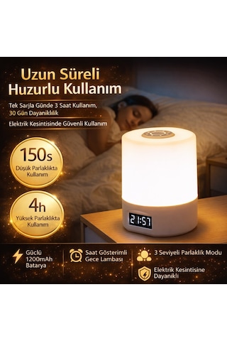 Polham 1200mah Şarjlı Saatli Dokunmatik Led Masa Lambası, 3 Işık Modlu, Parlaklık Ayarlı Gece Lambası Beyaz