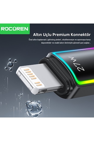 Rocoren 27w Type-c To Lightning Rgb Aydınlatmalı Örgülü Şarj Ve Data Kablosu 1 Metre