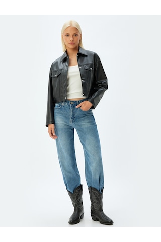 Koton Crop Suni Deri Ceket Fermuarlı Cepli Siyah 5sak20007ew Siyah
