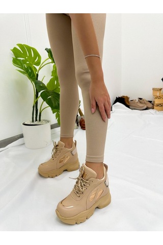 Erva'nın Butiği Bej Cilt Punto Kadın Bağcıklı Sneakers-4899