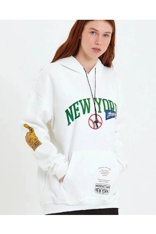Mbb E-ticaret Kadın Oversize Kapüşonlu Cepli Ön Kol Baskılı 3 İplik Pamuklu Hoodie Sweatshirt - Beyaz