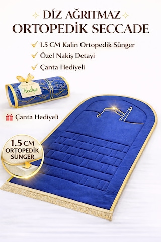 Ortopedik Namaz Seccadesi 1.5 Cm Kalın Sünger Diz Ağrıtmaz Kaymaz Taban Çantalı Lüks Seccade Lacivert