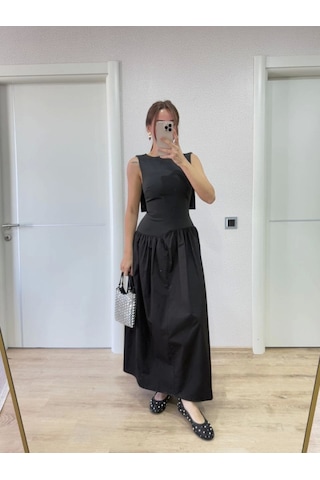 Efnaz Style Arkası Kanatlı Uzun Elbise- Siyah