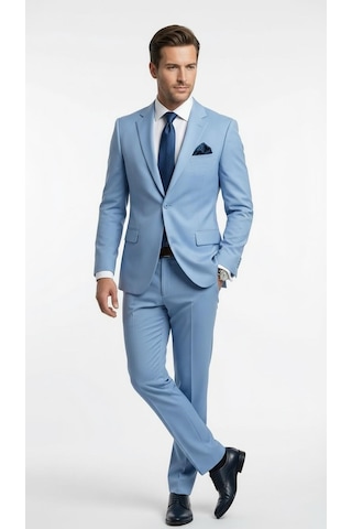 Erkek 3 Parça Slim Fit Takım Elbise Klasik Likralı Kumaş, Tek Düğme, Çift Yırtmaçlı Modern Kesim Ceket Yelek Pantolon Mavi
