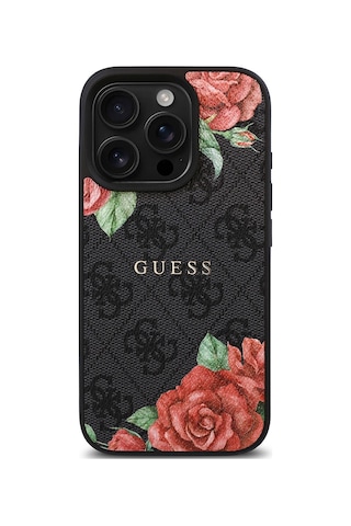 Apple Uyumlu iPhone 15 Pro Kılıf Guess Lisanslı Magsafe Şarj Özellikli Gül Baskılı 4g Desenli Yazı Logolu Siyah