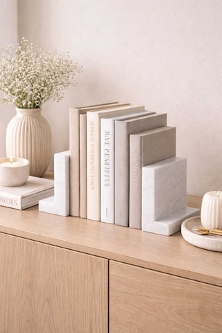 Masif Beyaz Mermer Kitap Tutucu 2 Li Set - Minimal L Tip Dekoratif Bookend Ofis & Salon Raf Aksesuaı