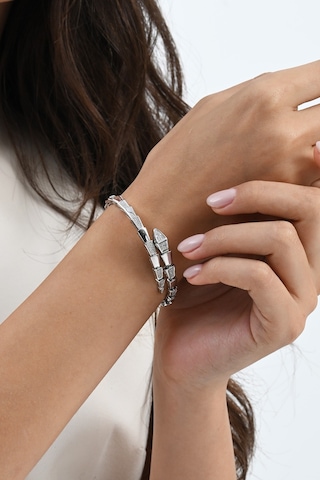 925 Ayar Gümüş Rodyumlu Zirkon Taşlı Özel Tasarım Yılan Bilezik Barcode Rose Gold - Gümüş