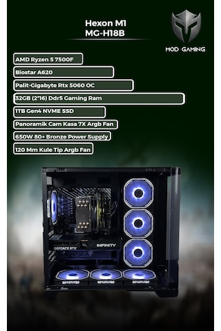 Mod Gaming Hexon MG-H18B R5-7500F 32 GB 1 TB SSD RTX5060 Free Dos Masaüstü Oyuncu Bilgisayarı