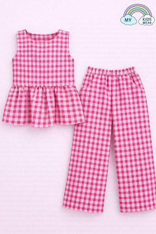 My Kids Wear Kız Çocuk Pötikareli Peplum Bluz Ve Pantolon Takımı 12691 Fuşya