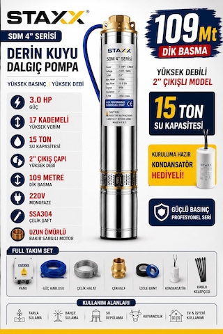 Staxx 4sdm8/17 3hp Derin Kuyu Dalgıç Pompa Seti 109 Metre Dik Basma 15 Ton Su Kapasiteli 2'' 220v