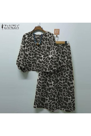 Zanzea Kadın Bluz Ve Pantolon Günlük Leopar Baskılı İki Parça Takım Elbise Gri