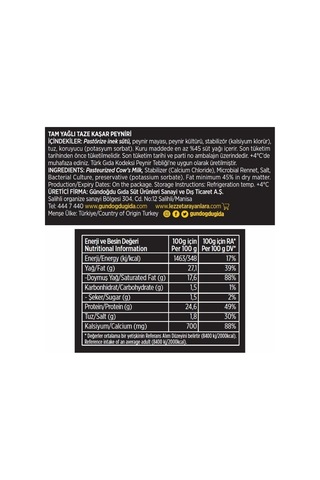 Gündoğdu Taze Kaşar Peynir 2 x 700 G