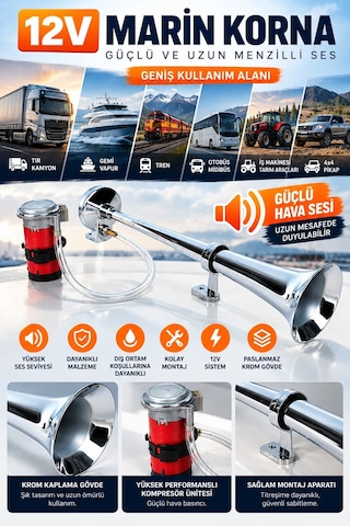 Marin Tip Korna 12v Tır Kamyon Gemi Vapur Tren Havalı Korna Kompresörlü