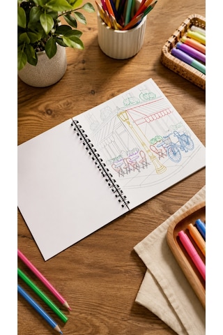 Trace Sketch Color Vintage Sokak Boyama Kitabı Çizim Tamamlama Ve Boyama 30 Sayfa 20x20 Cm